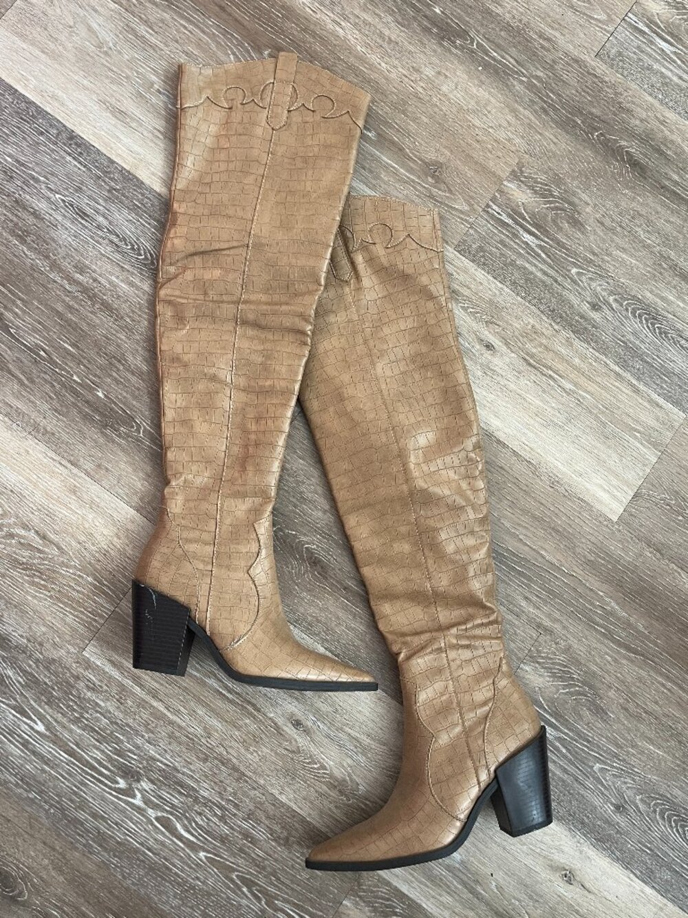 Thigh High Over the Knee Tan Heeled Cowboy Boots